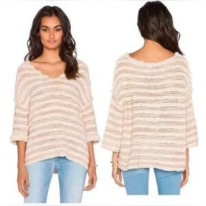FREE PEOPLE SPELLS TROUBLE BROWN & BEIGE DISTRESSED RAW SWEATER